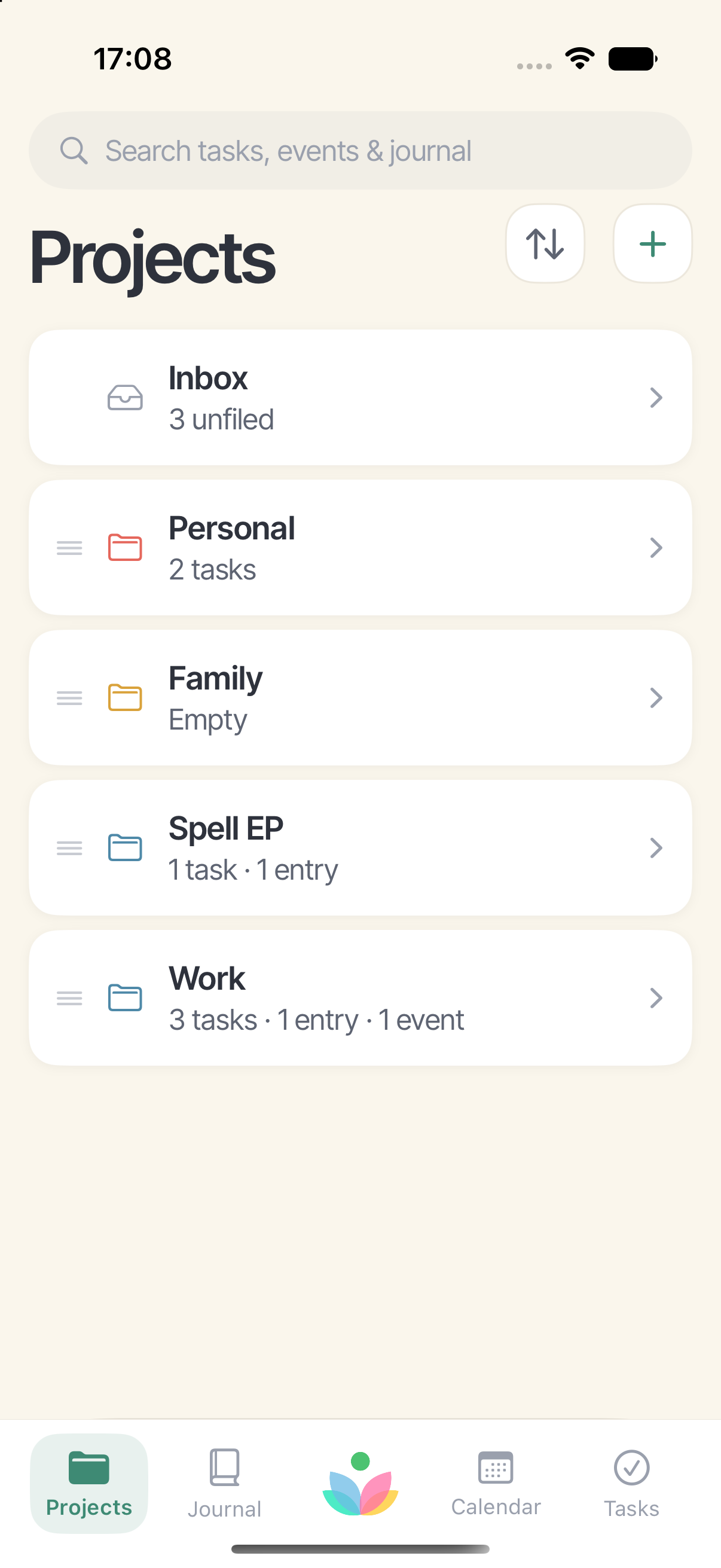 A project in Bloom showing its tasks, journal entries and events together.