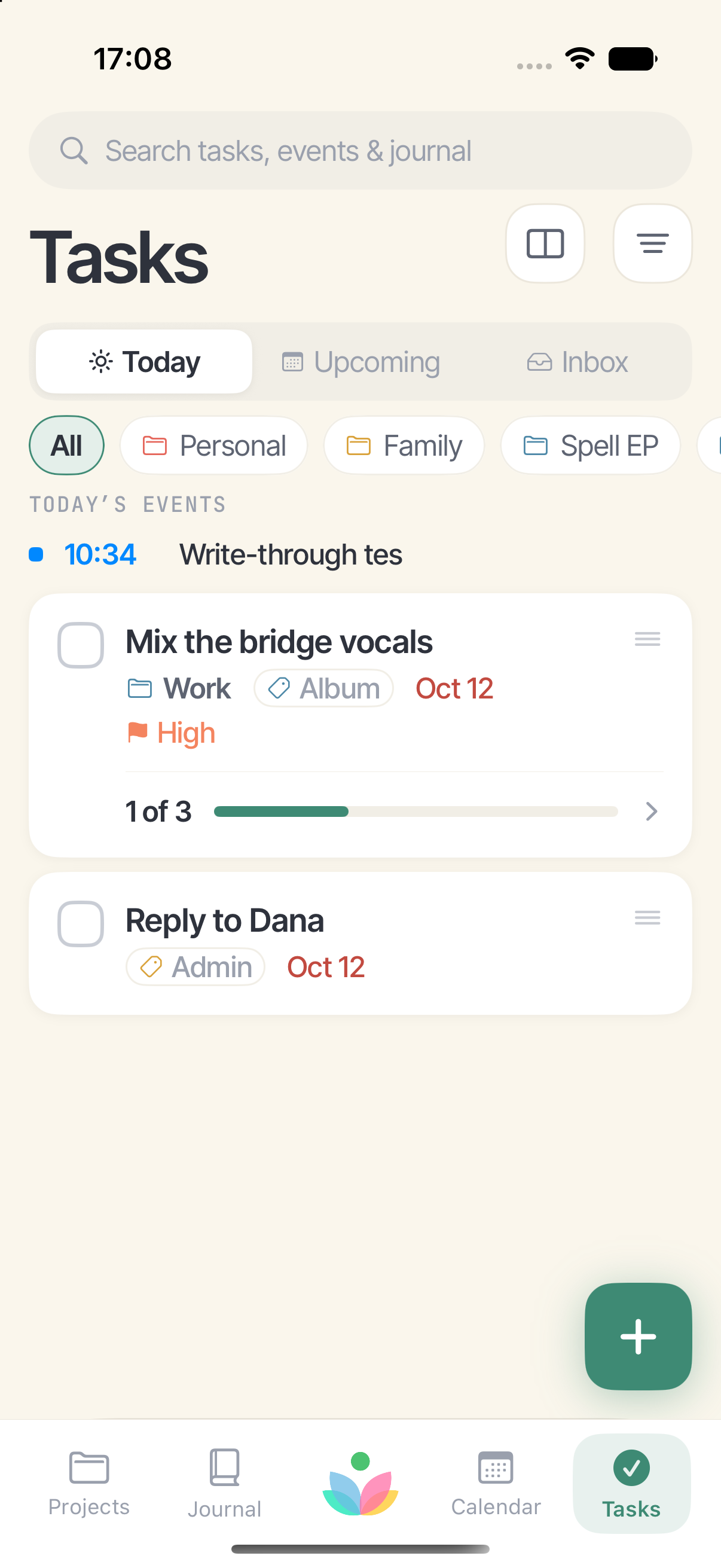 Bloom's task list, grouped by day with weekends marked.