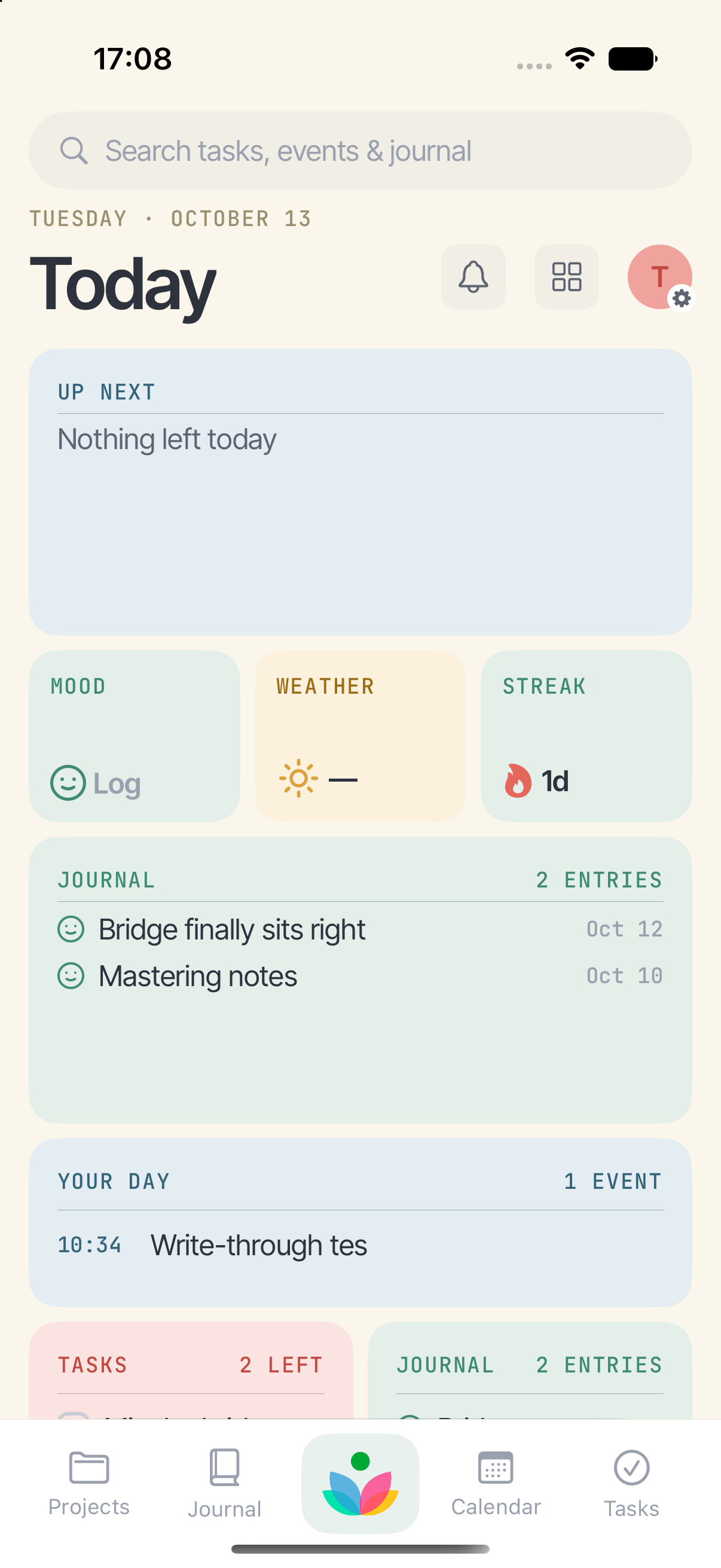 Bloom's Today screen, with widgets for what's next, the weather and the day's journal entries.